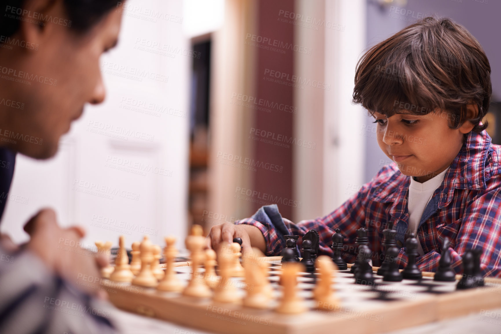 Buy stock photo Child, father and chess strategy or planning checkmate move with knight, king or queen. Son, parent and thinking for competition learning or decision thoughts for playing, contest or problem solving