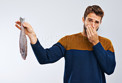 Buy stock photo Man, disgust and fish with smelling odor, bad stench of animal or sea creature on a gray studio background. Male person with gross facial expression of disgusted aroma or smelly odd stink on mockup