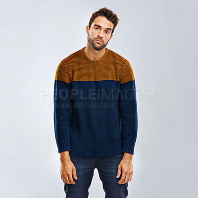 Buy stock photo Lazy man, portrait and bored with fashion in stress, depression or anxiety on a studio background. Young, tired or upset male person in mood, disappointed or mental health in clothing on mockup space