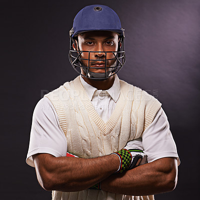 Buy stock photo A cropped shot of an ethnic young man in cricket attire isolated on black