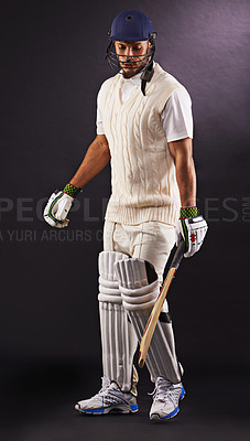 Buy stock photo Man, cricket and athlete for sports exercise in studio for professional match, competition or black background. Male person, gear and helmet with mockup space or fitness training, performance or game