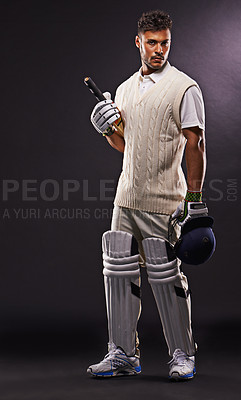 Buy stock photo Man, portrait and cricket player with bat in studio for professional sports, competition or black background. Male person, face and match gear for workout confidence or practice, gloves or mockup