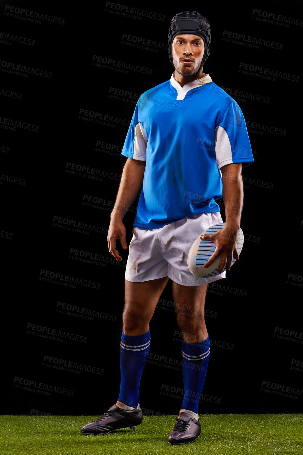 Buy stock photo Ball, man and portrait for rugby, sport and active for game, fitness and sportswear on grass or field. Young person, athlete or player and confident with kit for fit, competitive and recreation   