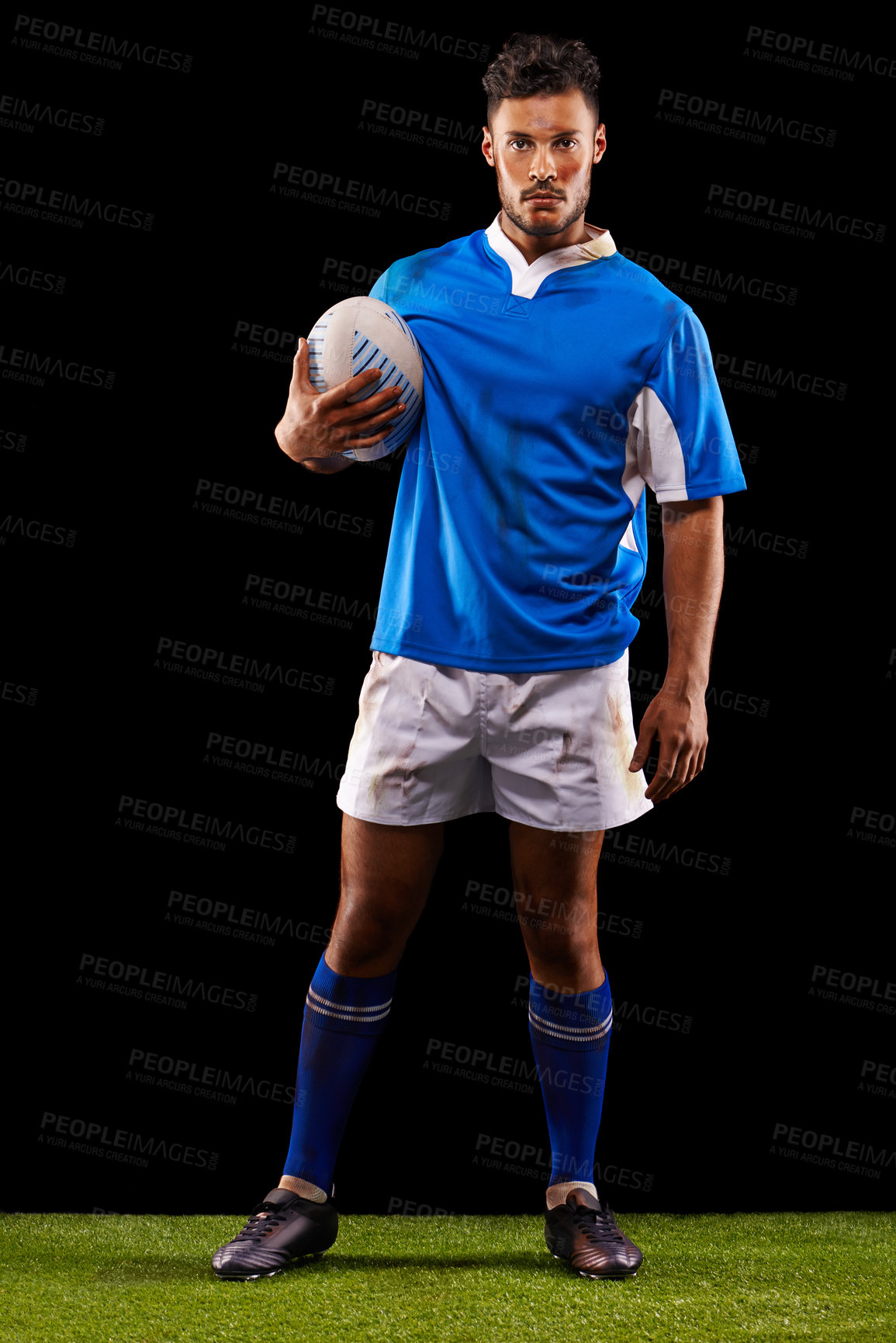 Buy stock photo Rugby, fitness and portrait of man in studio for game, competition and sportswear in dark background. Ball, exercise and young male athlete with confidence for professional sport, workout or training