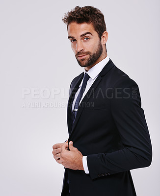 Buy stock photo Businessman, studio and portrait fashion smile, corporate work clothes with confident male person. Formal, executive pride in jacket and trendy black tie, classy and designer on mockup background