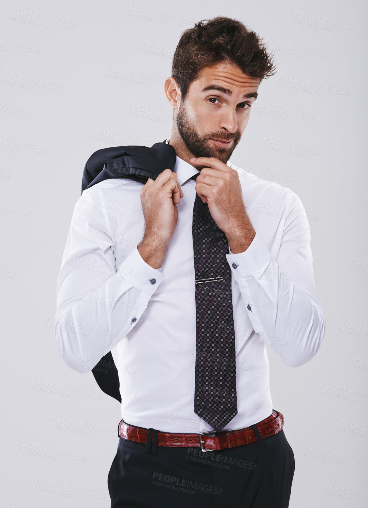 Buy stock photo Studio, businessman and thinking with style, planning and standing for professional fashion. Lawyer, attorney and consultant with ideas, vision and confidence in career isolated on white background