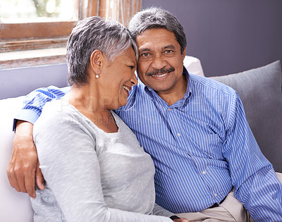 Buy stock photo Love, portrait and elderly couple on sofa with smile for marriage, embrace and bonding together at home. Relax, retirement and senior people with happiness for romance, support or care in living room