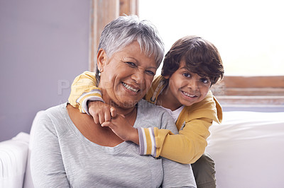 Buy stock photo Smile, sofa and portrait of grandmother with kid for love, support and childhood development at home  Relax, elderly woman and boy with happiness for weekend, care and bonding together in living room