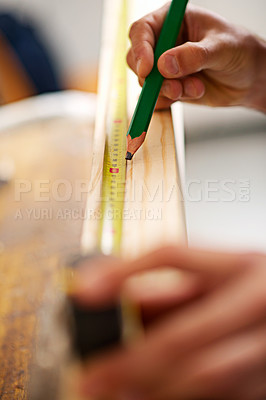 Buy stock photo Carpenter, wood and planning with hands of man in workshop for building, manufacturing and creative. Design, industry and measure with closeup of handyman for builder, lumber and maintenance