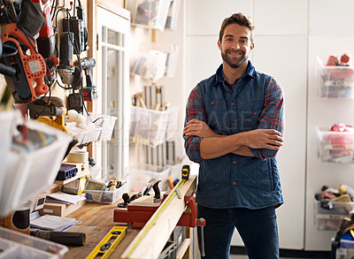 Buy stock photo Tools, contractor and portrait of man in workshop for manufacturing, production and creative small business. Male person, equipment and handyman with confidence for renovation, maintenance or project