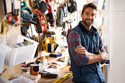 Buy stock photo Man, tools and portrait in workshop or garage with drill for diy, repair and maintenance for job or skill. Artisan, handyman or carpenter with smile and confident with equipment for repairs indoor 
