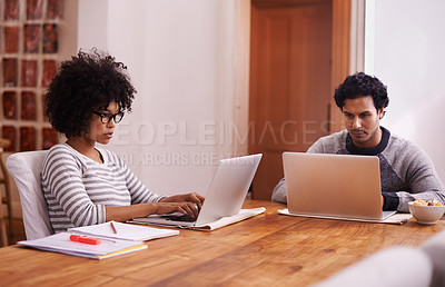 Buy stock photo Couple, laptop and remote work with house, technology and internet for career or job. Man, woman and tech with table, home office and startup for connectivity with love and relationship in apartment