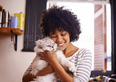 Buy stock photo Shot of a beautiful young woman enjoying a cuddle with her cat