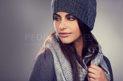 Buy stock photo Woman, studio and idea of winter fashion, smile and happy female person with wool clothes and cosmetic beauty. Makeup, face and comfort for warm or style on model, confident on background