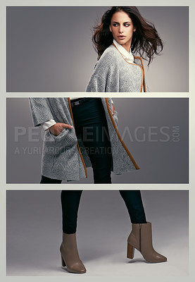 Buy stock photo Coat, fashion collage or woman in portrait or studio for cool style, trendy jacket or comfortable outfit. Chic, lady or confident model in cozy heels or elegant winter clothing on grey background