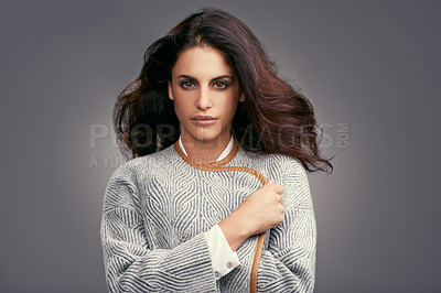 Buy stock photo Style, beauty and portrait of woman in studio with classy, trendy and stylish outfit for confidence. Serious, makeup and female person with elegant fashion and accessory isolated by gray background.