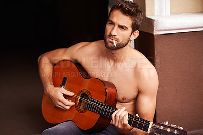 Buy stock photo Man, cigarette or guitar to relax, music or thinking of idea, inspiration or planning of practice. Musician, smoking or musical instrument as vision, memory or outdoor performance on weekend break