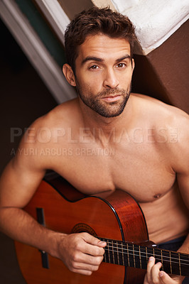 Buy stock photo Portrait, home and guitar with man, topless and training with talent or sound with musician. Face, person or apartment with guy or string instrument for practice or confidence with hobby or shirtless