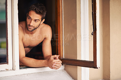 Buy stock photo Man, shirtless or window to relax, thinking or memory of break, idea or vision of dream summer home. Guy, tourist or planning of body, vacation or future of leisure, recreation or relaxation as rest