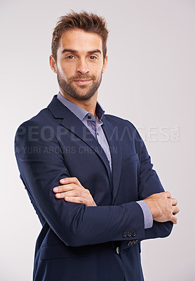 Buy stock photo Portrait of business man, arms crossed with confidence in a suit isolated on studio background. Professional mindset, career success and businessman with corporate male employee and leadership