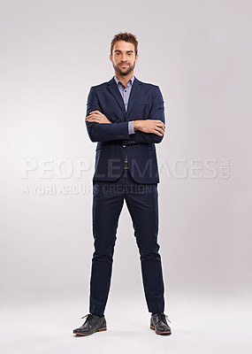 Buy stock photo Full body portrait of business man, arms crossed with confidence isolated on studio background. Professional mindset, career success and mockup space with corporate male employee and leadership