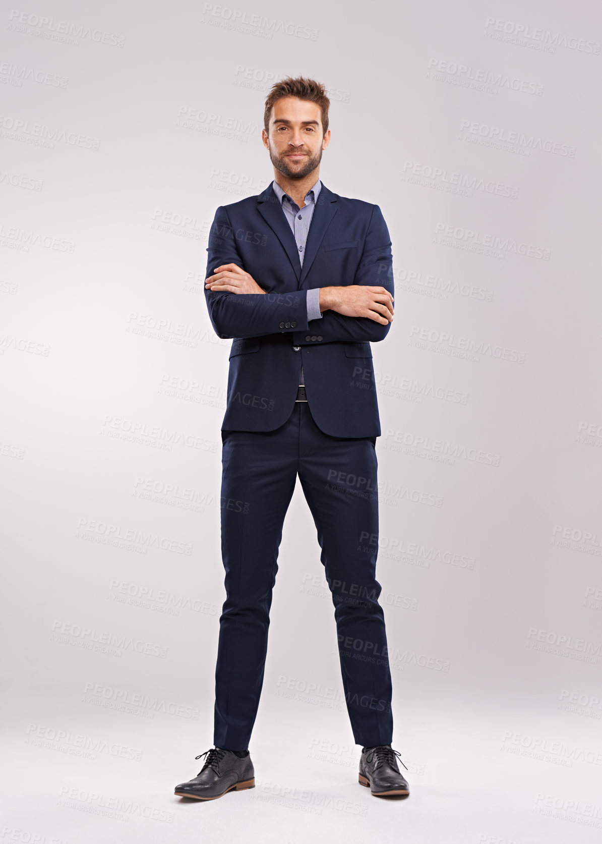 Buy stock photo Full body portrait of business man, arms crossed with confidence isolated on studio background. Professional mindset, career success and mockup space with corporate male employee and leadership