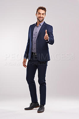 Buy stock photo Business man in portrait, smile and handshake for agreement and onboarding on studio background. Corporate deal, hiring with thank you or welcome, partnership and collaboration with professional male