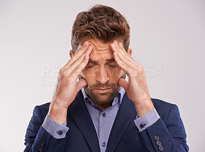 Buy stock photo Corporate, man and studio with headache or stress on white background with deadline and business concern. Closeup, entrepreneur and frustrated with start up company, job and professional in suit