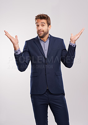 Buy stock photo Man, fashion and portrait for shrug and clueless with tuxedo or suit and isolated for puzzled, uncertain and confused. Young person and handsome with hands up for unsure and vision in formal clothes 