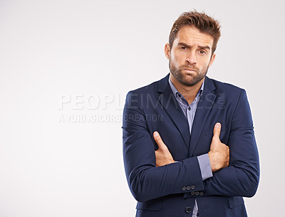 Buy stock photo Entrepreneur, man and studio with arms crossed on white background with deadline and business concern. Portrait, entrepreneur and confident with company growth in suit and professional with mockup