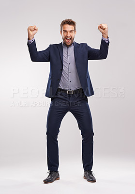 Buy stock photo Excited, portrait or businessman with success and smile for winning a prize in studio on white background. Cheering, sales offer or happy salesman with motivation, news announcement or achievement 