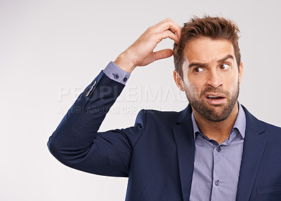 Buy stock photo Confused, businessman and studio portrait worried, puzzled employee with idea for question. Professional, wondering expression for corporate job, thinking and scratching head on isolated background