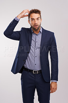 Buy stock photo Confused, businessman and studio portrait thinking, puzzled employee with idea for question. Professional, wondering expression for corporate job, formal and scratching head on isolated background