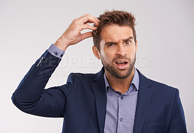 Buy stock photo Confused, businessman and studio portrait uncertain, puzzled employee with idea for question. Professional, wondering expression for corporate job, thinking and scratching head on isolated background