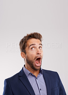 Buy stock photo Studio, shock or businessman with announcement space on white background for style, offer or promo. Wow, entrepreneur or salesman in disbelief with breaking news, clothes deal or surprise mock up