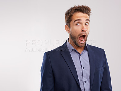 Buy stock photo Shocked businessman, wow or fashion announcement on white background for style, offer or promo. Surprise, entrepreneur or salesman in disbelief with breaking news, clothes deal or studio mockup space