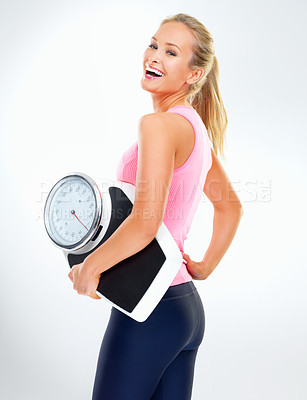 Buy stock photo Woman, portrait and scale in studio for weight loss, smile and excited for results of diet or detox. Female person, laugh and happy for calories burned target or goals, wellness and white background