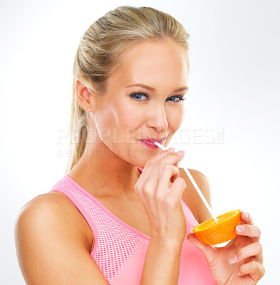 Buy stock photo Woman, portrait and orange fruit with straw in studio for healthy nutrition or vitamin c fiber, drinking or white background. Female person, face and diet wellness self care, lose weight or mockup