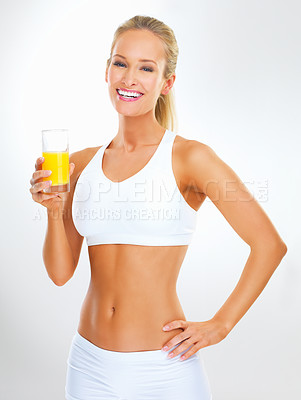 Buy stock photo Studio, smile and portrait of woman with orange juice for healthy drink, vitamin c or nutrition. Underwear, glass and person with citrus beverage for diet, weightloss or wellness on white background