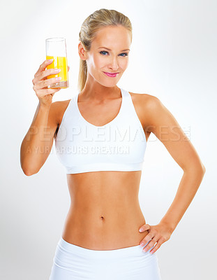 Buy stock photo Studio, happy and portrait of woman with orange juice for healthy diet, nutrition and vitamin c. Glass, underwear and person with citrus beverage for detox, weightloss or wellness on white background