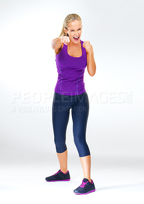 Buy stock photo Boxing, MMA and woman, punch for exercise in portrait for sport and energy with action on white background. Martial arts, fight and boxer for fitness in studio, challenge and performance with workout