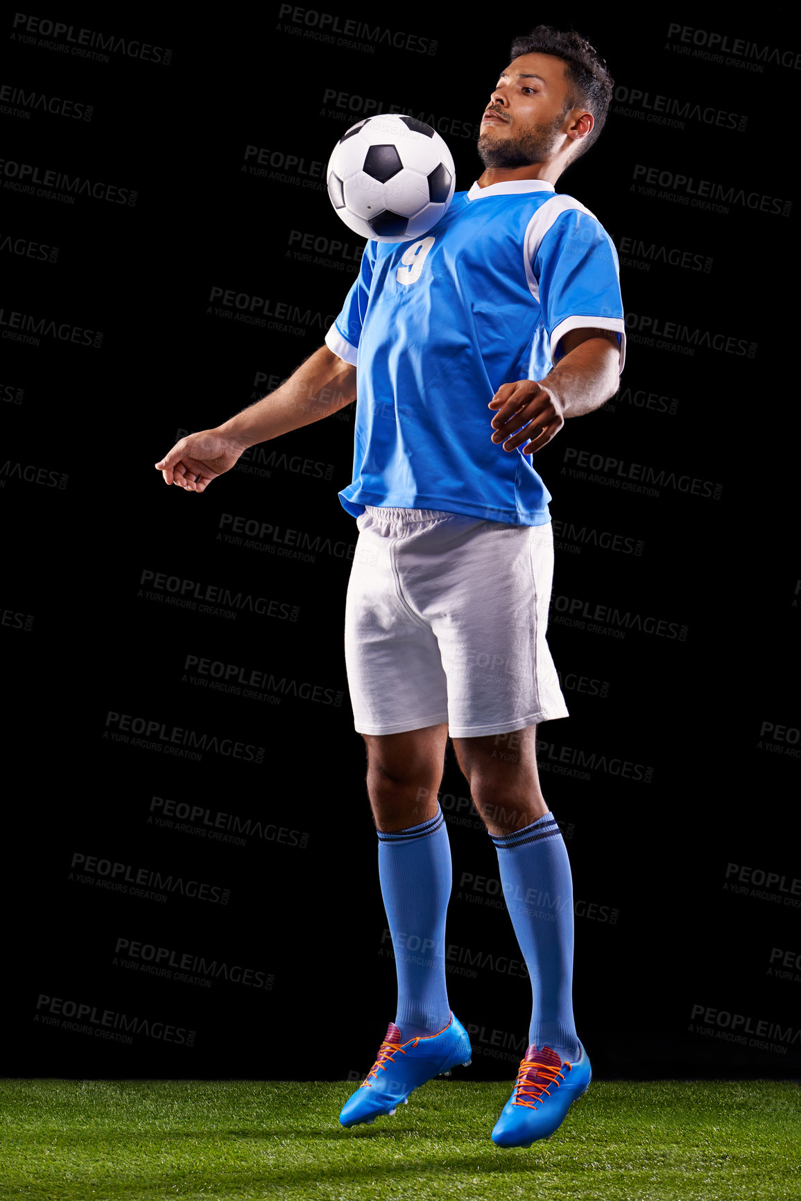 Buy stock photo Man, soccer ball and play for sport, fitness and game for active and sportswear on grass or field. Arab person, sportsman or athlete and practice for strong and competitive on dark background