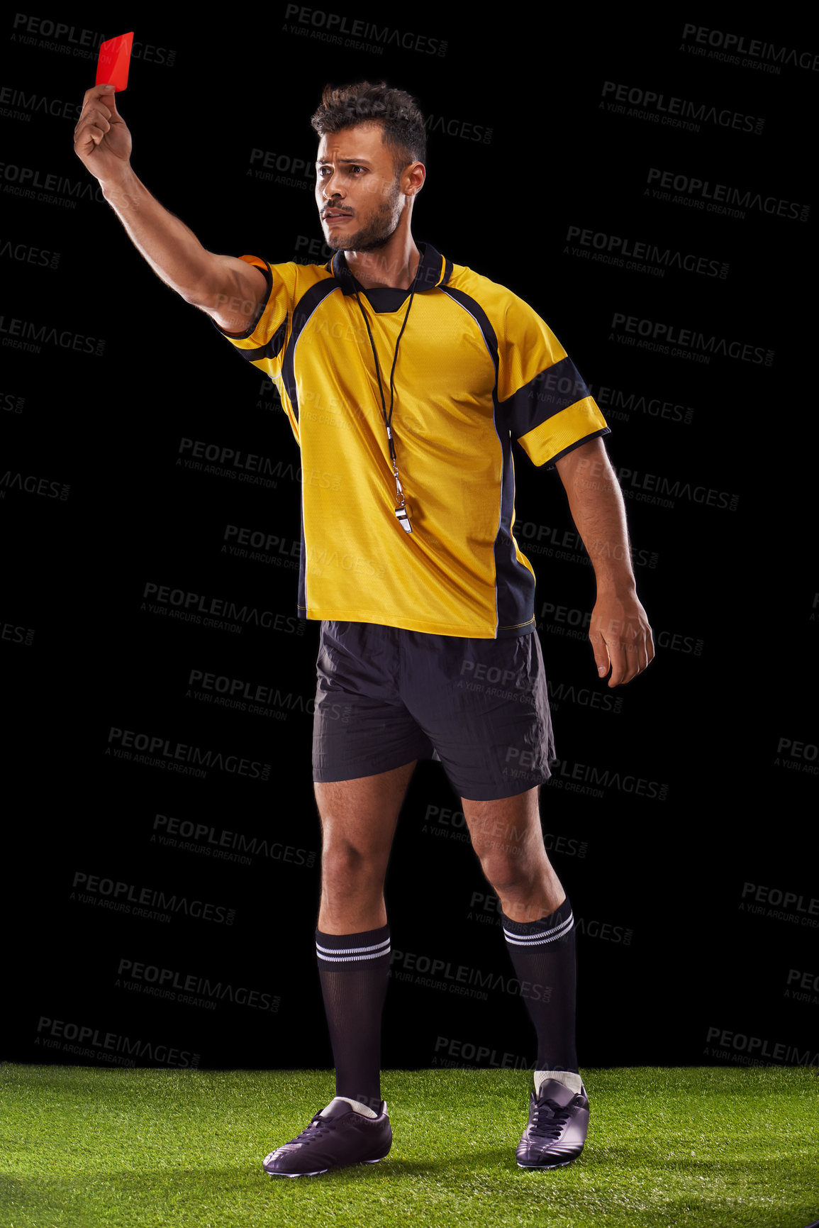 Buy stock photo Sports, referee or man with a red card for warning, foul call or penalty review in football game on turf. Soccer match, discipline or male person with punishment, rules or caution on black background
