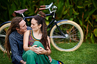 Buy stock photo Cropped shot of a young hippie couple outdoors