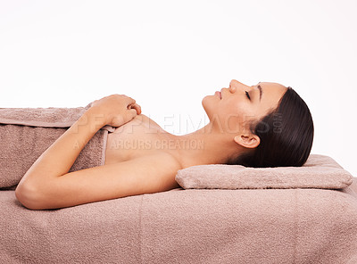 Buy stock photo Spa, massage and relax with woman, wellness and peaceful lady isolated on white studio background. Person, mockup space and model with vacation and calm with hospitality industry and zen with holiday