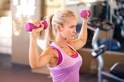 Buy stock photo Weights, sports and woman in gym with arm workout for strength, health and muscle training. Dumbbells, exercise and young female athlete with weightlifting practice with equipment in fitness center.