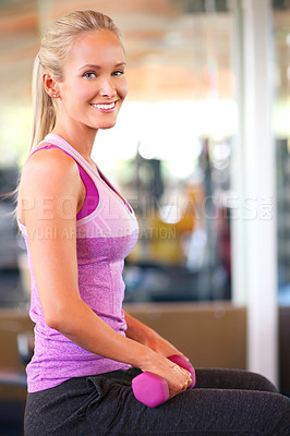 Buy stock photo Weights, happy and portrait of woman in gym with arm workout for fitness, health and muscle strength. Dumbbells, exercise and female athlete with weightlifting training with equipment in sport center