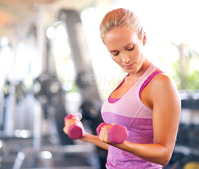 Buy stock photo Dumbbells, sports and woman in gym with arm workout for wellness, health and muscle strength. Weights, exercise and young female athlete with weightlifting training with equipment in fitness center.