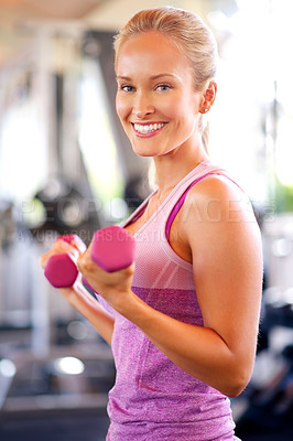 Buy stock photo Sports, portrait and woman with weights in gym with arm workout for wellness, health and muscle strength. Dumbbells, exercise and female athlete with equipment for weightlifting in fitness center.