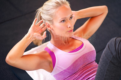 Buy stock photo Athlete, gym and workout for health, wellness and cardio training for sit up exercise. Woman, happiness and routine with commitment, confidence and natural strength for wellbeing and fitness